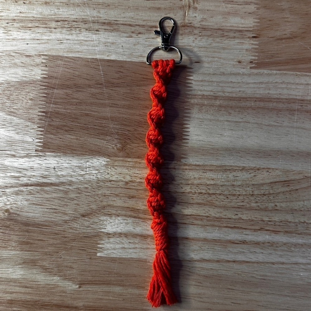 Handmade Orange Macrame Spiral Keychain Boho Cotton Bag Charm Silver Swivel Hook